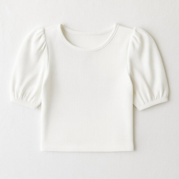 White Ribbed Crop Top – Puff Sleeve Stretch Knit Tee Size L - Picture 7 of 9